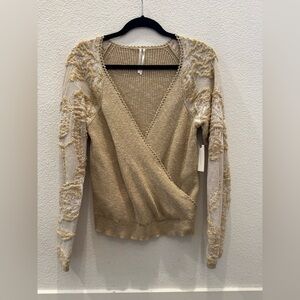NWT Anthropologie Lace-Sleeve, faux wrap V-neck top w/ intricate embroidery